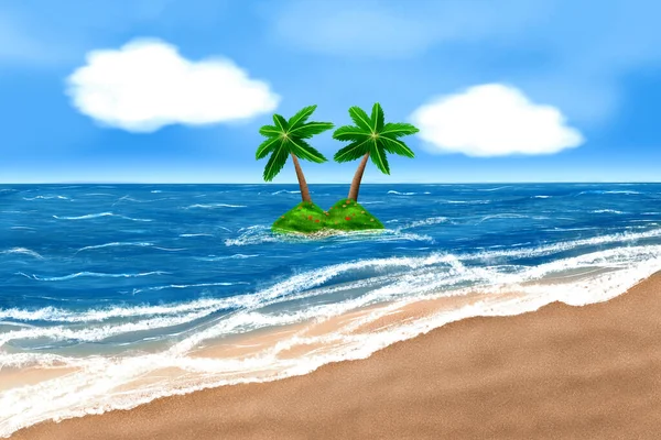 Malý Ostrov Dvěma Palmami Moři Písečným Pobřežím Digitální Umění — Stock fotografie