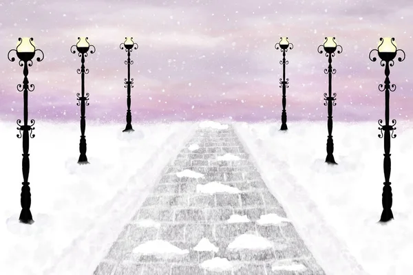 Beautiful Snowy Alley Street Lights Digital Artwork — Stock Photo, Image