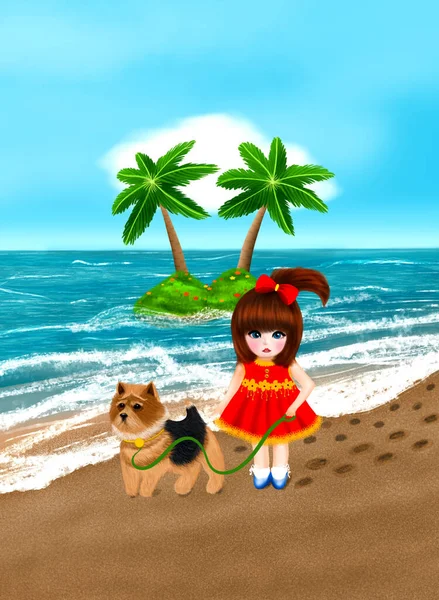 Вертикальная Версия Девушки Красном Платье Собакой Пляже — стоковое фото