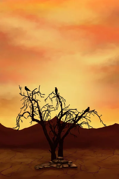 Dry Tree Desert Three Ravens Sunset Digital Artwork — Stock Photo, Image