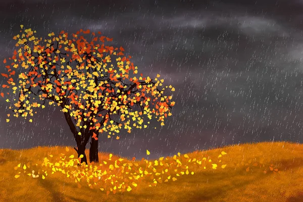 Autumn tree and rain. Digital art, illustration.