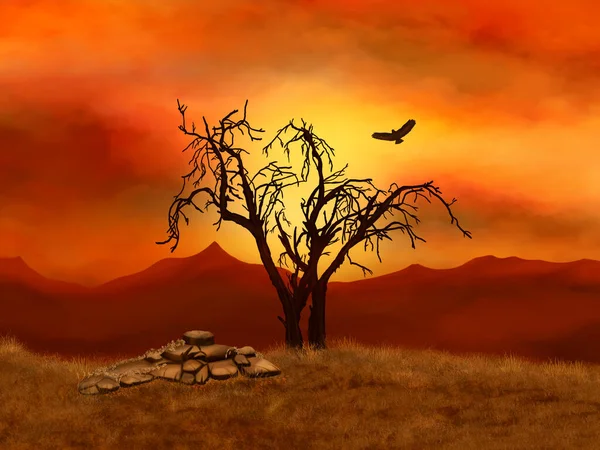 Kırmızı Günbatımının Arka Planında Kuru Ağaçlar Şahinler Dijital Sanat — Stok fotoğraf