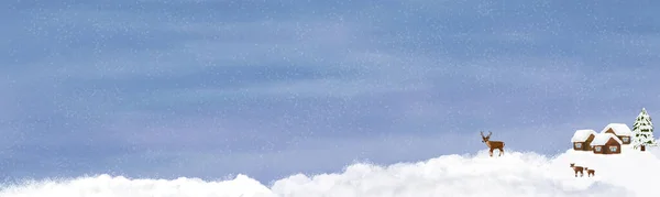 Zimowa Panorama Wioską Jeleniami Poziomy Sztandar Ilustracja Zimową Sceną — Zdjęcie stockowe