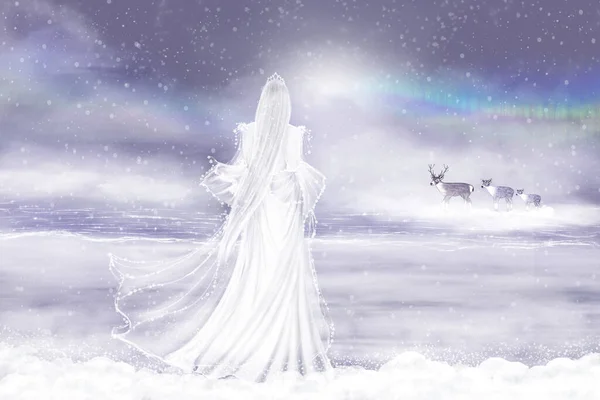 Snow Queen Northern Lights Deer Fairy Tale Digital Art Fantasy — Stock Photo, Image