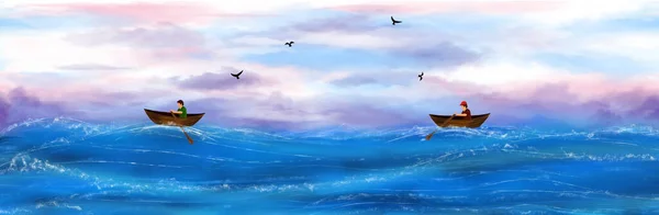 People on wooden boats on the sea waves. Digital art, panorama.