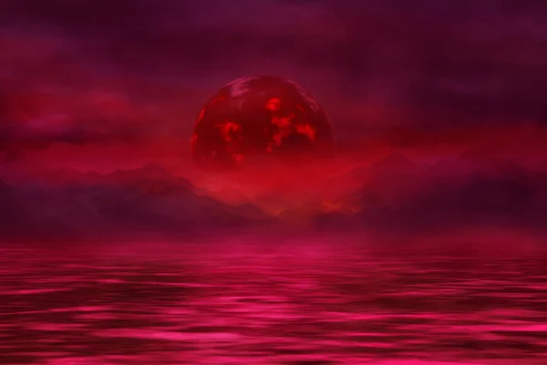 Czerwona Planeta Czerwoną Wodą Sztuka Cyfrowa — Zdjęcie stockowe