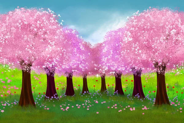 盛开的春天樱桃园 嫩绿的青草 数字艺术 — 图库照片