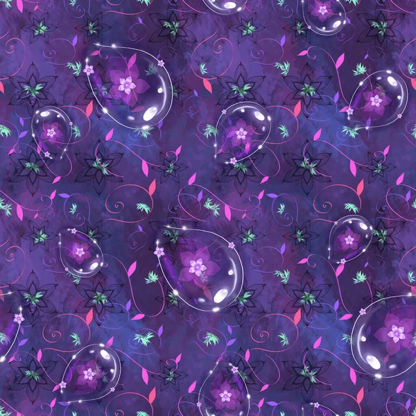 Красивий Безшовний Візерунок Краплями Води Квітами Безшовний Візерунок Рожевому Фіолетовому — стокове фото