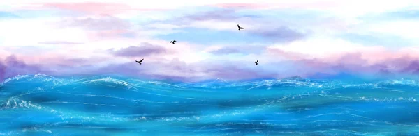 Beautiful Turquoise Waves Sea Sky Pink Clouds Birds Sea Horizontal — Stock Photo, Image