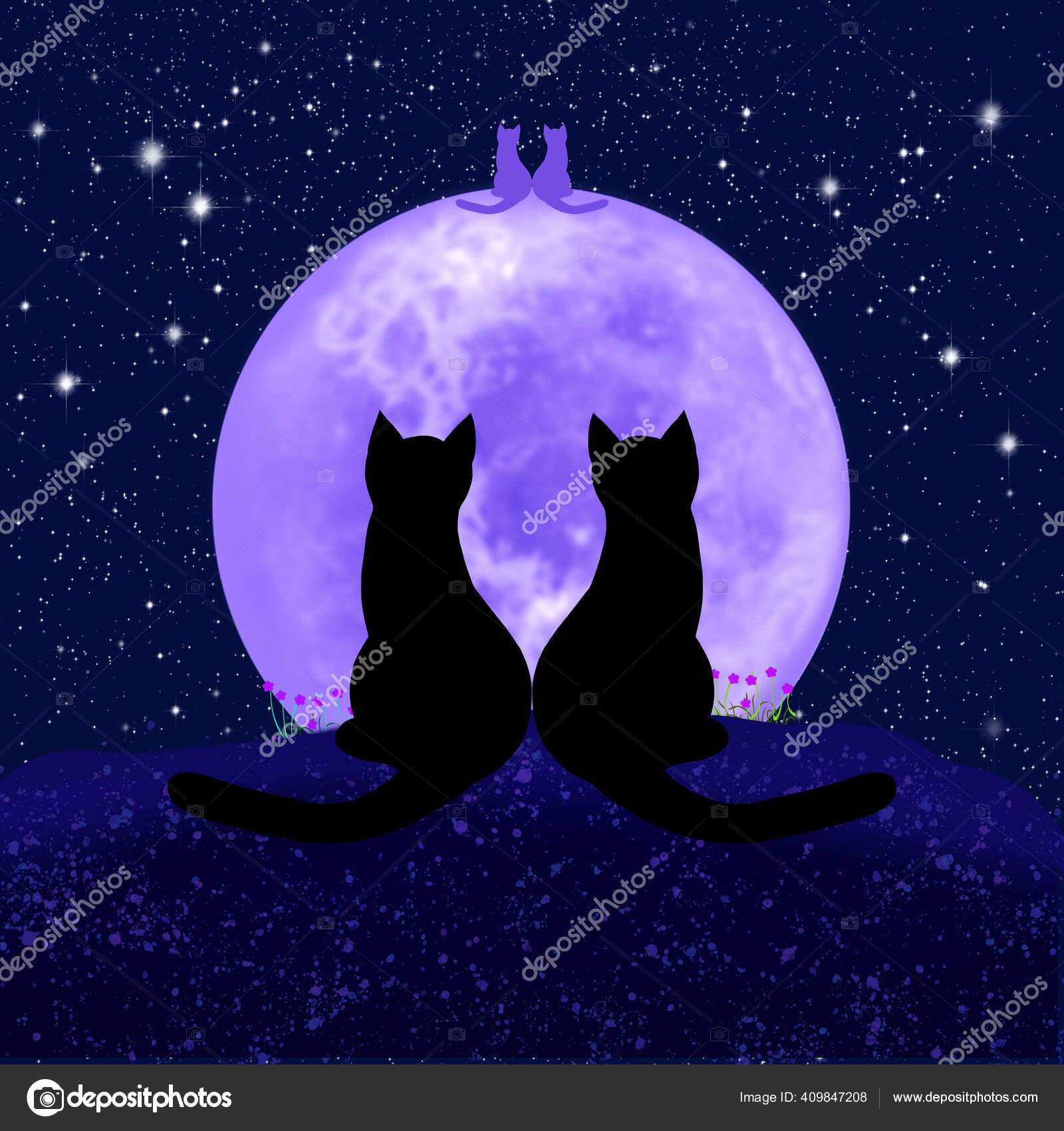 月と星空を背景に2匹の猫のイラスト — ストック写真