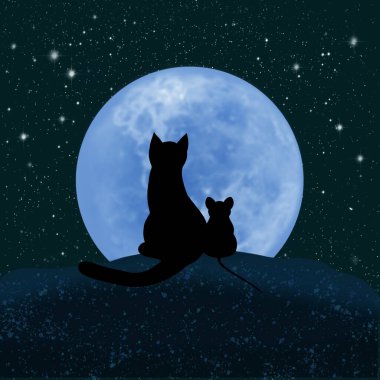 Kedi ve fare aya ve yıldızlı gökyüzüne bakıyor. Bulanık Ay.