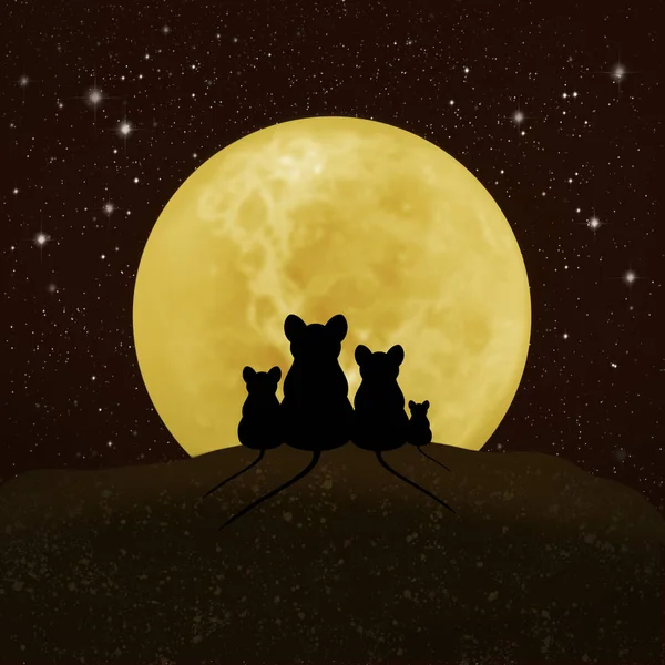 Семья Мышей Смотрит Луну Звездное Небо Четыре Мыши Фоне Луны — стоковое фото