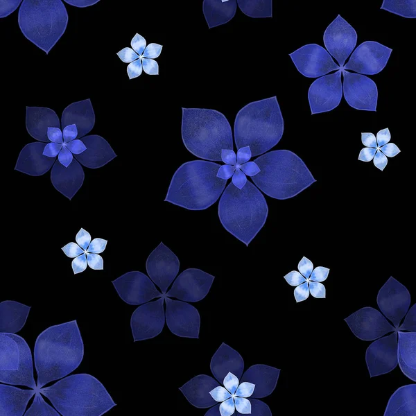 Blue translucent flowers on a black background. Floral seamless pattern.