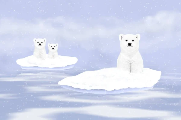 Three White Polar Bears Snowy Ice Floes Digital Artwork — Stock Photo, Image