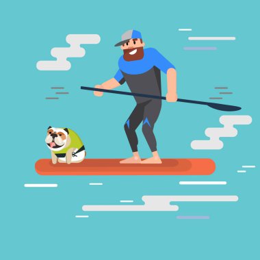 Erkek sörfçü köpeğiyle sürme