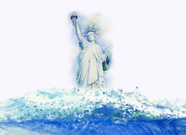 Liberty, New York, ABD heykeli. Denizdeki dalgaların suluboya resim. Güzel yaz ve arka plan duygular gökyüzünde püskürtülür. El illüstrasyon, kopya alanı zemin boyalı