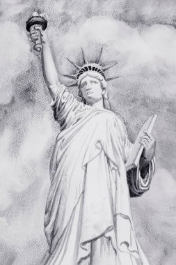 Heykel, özgürlük, New York, ABD manzarası içinde boyama suluboya. Güzel çizim ve gökyüzü tarzı siyah, beyaz arka plan duygular. El illüstrasyon, kopya alanı zemin boyalı