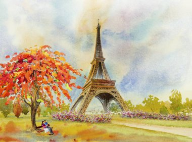 Paris Avrupa kentin simgelerinden. Fransa, Eyfel Kulesi ve çift aşık adam kadın, ağaç, Modern Sanat, çiçek bahçesi altında bankta oturmuş. Suluboya resim illüstrasyon, düğün, Sevgililer günü