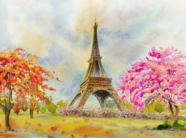 Paris Avrupa kentin ünlü simgelerinden dünya. France eiffel kulesi ve çiçek pembe, kırmızı renk, bahçesinde bulunan bahar mevsimi, Modern sanat suluboya resim illüstrasyon, kiraz çiçeği alan kopyalayın