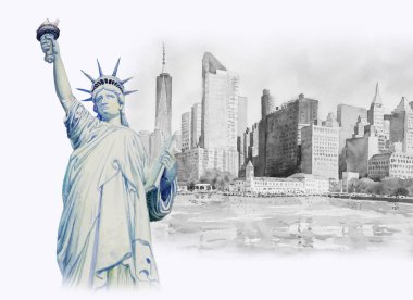 Heykel özgürlük New York'ta Manhattan kentsel gökdelen mimarisinde. Dünya, iş-şehir, ünlü yerlerinden suluboya resim cityscape illüstrasyon, kopya alanı el boyalı