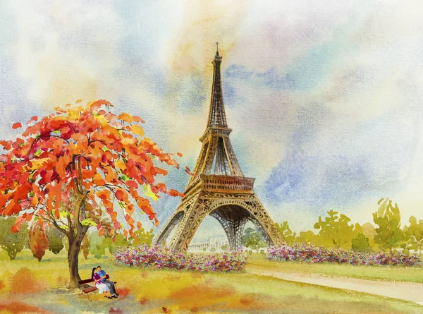 Paris Avrupa kentin simgelerinden. Fransa, Eyfel Kulesi ve çift aşık adam kadın, ağaç, Modern Sanat, çiçek bahçesi altında bankta oturmuş. Suluboya resim illüstrasyon, düğün, Sevgililer günü