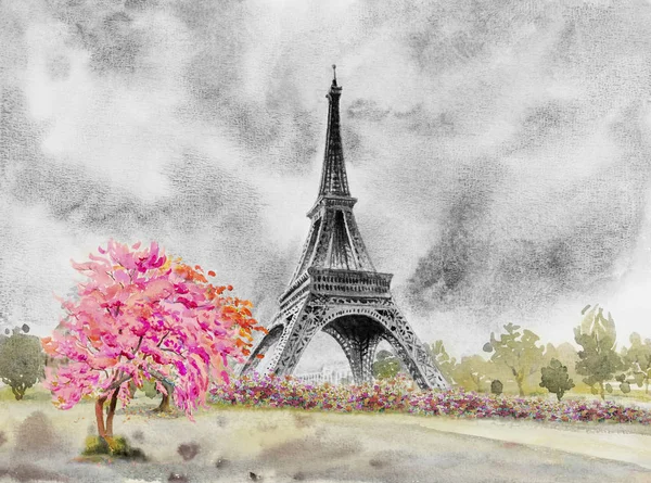 Paris Avrupa kentin ünlü simgelerinden dünya. France eiffel kulesi ve çiçek pembe, kırmızı renk, bahçesinde bulunan bahar mevsimi, Modern sanat suluboya resim illüstrasyon, kiraz çiçeği alan kopyalayın