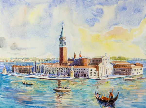 Geleneksel San Giorgio Maggiore Adası'nın güzel deniz manzaralı. Venedik İtalya tarihi gondol manzaralı. Suluboya manzara orijinal resim kağıt üzerinde illüstrasyon işareti dünyanın çok renkli