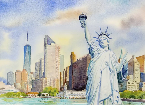 Statue Liberty Architecture Manhattan Urban Skyscrapers New York City Watercolor — Stock Photo, Image