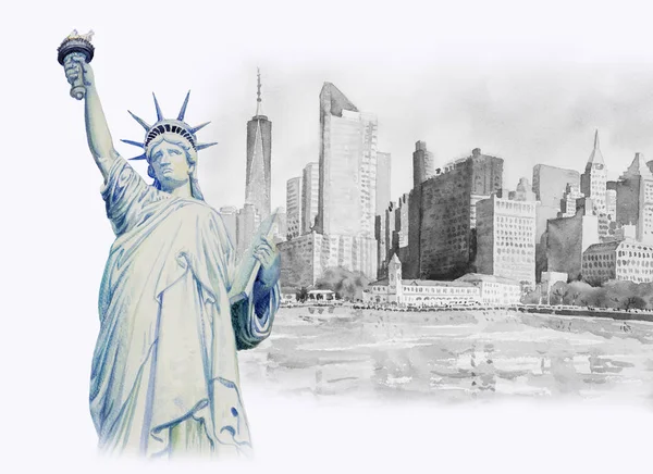 ニューヨーク市のマンハッタン都市高層ビルの像自由建築 世界のビジネス都市 有名なランドマークで水彩画街並手描きのイラスト コピー スペース — ストック写真