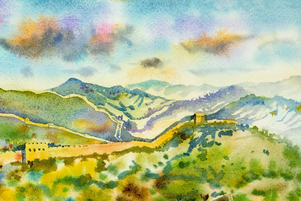The Great Wall of China at Mutianyu. Watercolor painting landscape multicolor of architecture, section natural tourism travel in beautiful spring season and skyline background. Hand drawn illustration