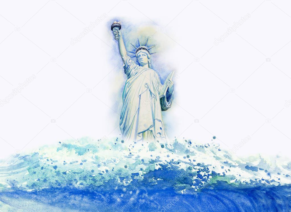 The Statue of Liberty, New York, USA. Watercolor painting of waves in the sea. Beautiful summer And the background emotions are sprayed in the sky. Hand painted illustration, copy space backdrop