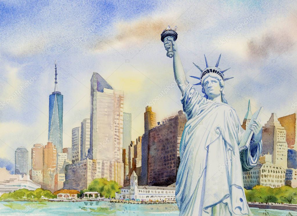 Statue Liberty Architecture in Manhattan urban skyscrapers in New York City. Watercolor painting cityscape in the morning summer and famous landmarks, business city, Hand painted illustration, space
