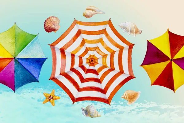 Multi Gekleurde Paraplu Aquarel Schilderen Bovenaanzicht Van Zomer Vakantie Toerisme — Stockfoto