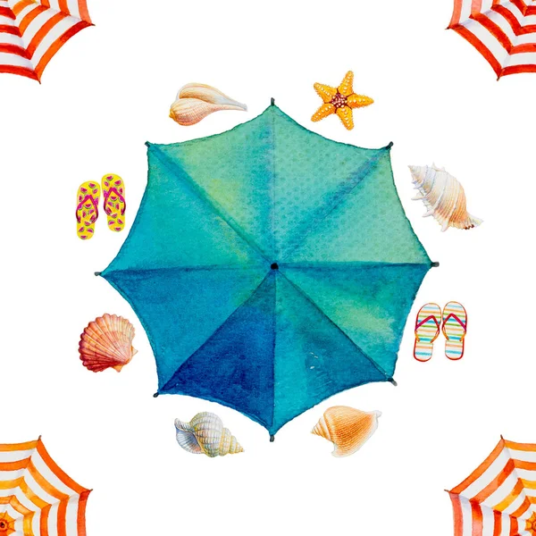 Trend seamless summer style accessories pattern in Watercolor painting Top view colorful of umbrella and tourism business sea, beach resort, ceramic wall texture, background, Hand painted illustration