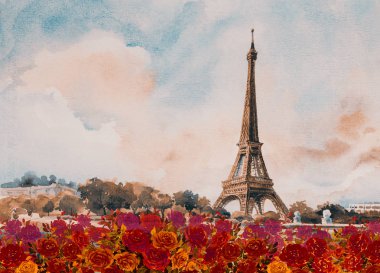Paris Avrupa şehir manzarası. Fransa, Paris'in ünlü, Sevgiliye romantik sonbahar Seine Nehri profili, suluboya resim illüstrasyon vintage tarzı, manzarası arka plan. Dünya Simgesel Yapı