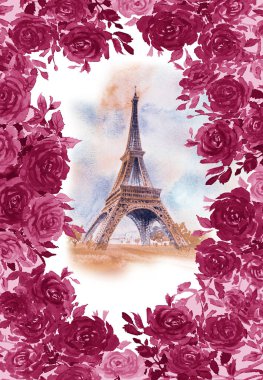 Paris Avrupa kentin simgelerinden. Fransa, Eyfel Kulesi, mimari ünlü turizm yer ve gül çerçeve vintage tarzı. Suluboya resim manzara illüstrasyon, seyahat, poster, sembol, Sevgililer günü