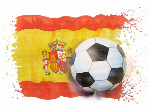 Futbol topu, İspanya bayrak - beyaz arka plan öğesi kartları, davetiyeler, hediye kartları, el ilanı için bir şık sanat tasarım doku kağıt üzerinde örnek resim çizilmiş suluboya el, broşür tanıtımı