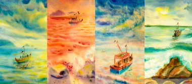 Dört mevsim kolaj, birkaç görüntü. Suluboya resim denizi güzel doğal deniz manzaraları yıl - farklı zamanda kış bahar, yaz, sonbahar, planet earth yaşam döngüsü kavramı. Elle çizilmiş 