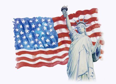 Amerikan bayrağında Özgürlük Heykeli. Beyaz arka planda çizilmiş. Dünyanın, iş dünyasının ünlü simgelerinin suluboya resimleri, el boyaması illüstrasyonlar, kopya alanı.