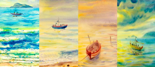 Collage Quatre Saisons Plusieurs Images Aquarelle Peinture Mer Beaux Paysages — Photo