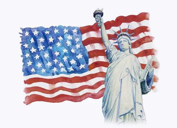 Estátua Liberdade Bandeira Americana Mão Desenhada Fundo Branco Aquarela Pintura — Fotografia de Stock