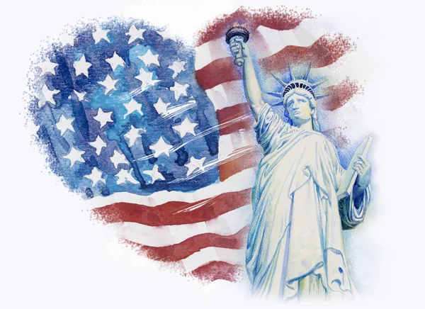 Statue Liberty Flag American Hand Drawn White Background Watercolor Painting — Stock Photo, Image