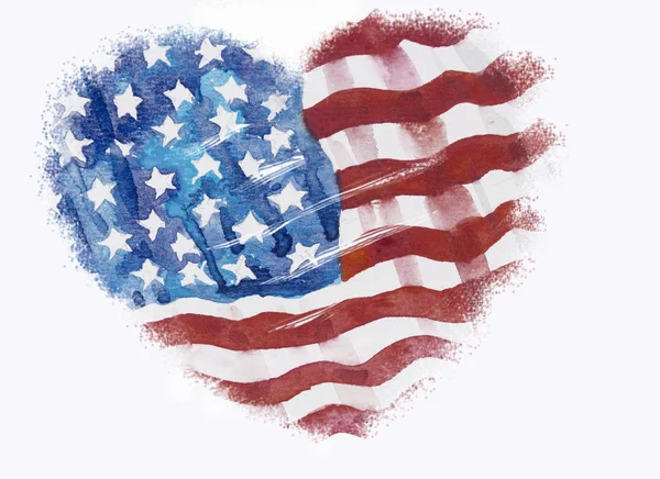 Flag of America, Hand-drawn, Watercolor painting on white background. Painted Impressionist style, copy space