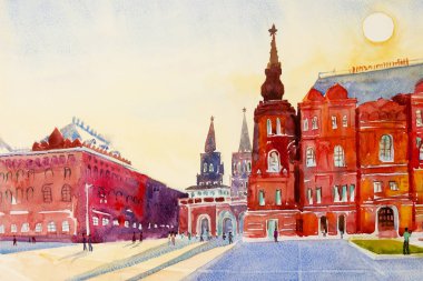 State Historical Museum on Red Square in Moscow, Russia. the main tourist attraction in Moscow. Painting city landscape watercolor illustration, sunrise beautiful season summer and family tour. clipart