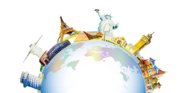 World Travel Sights Famous Landmarks World Grouped Together Watercolor Hand — Stock Photo, Image