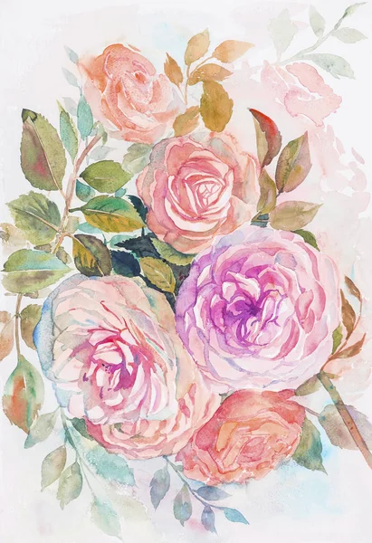 Акварельний Живопис Фіолетовий Рожевий Колір Троянд Квіти Зелене Листя — стокове фото