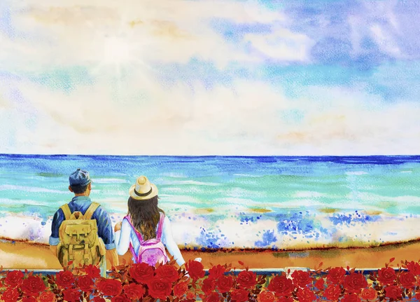 Watercolor Painting Seascape Couple Man Woman Travel Backpack Ocean Travel — Stock Photo, Image