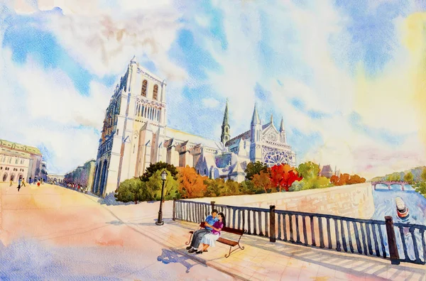 Widok Ulicy Notre Dame Znany Paryżu Francja Akwarela Malarstwo Ilustracja — Zdjęcie stockowe