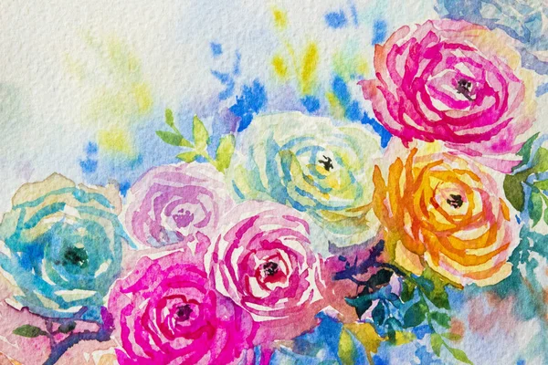 Peinture Abstraite Aquarelle Rose Couleur Jaune Roses Fleurs Feuilles Vertes — Photo
