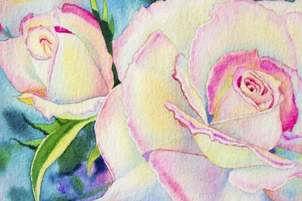Pintura Acuarela Color Amarillo Rosado Rosas Flores Hojas Verdes Primavera — Foto de Stock
